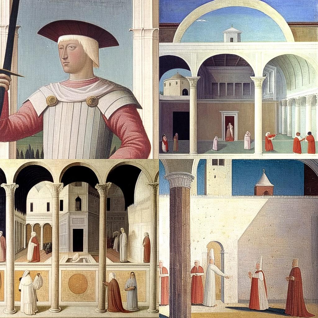 Piero della Francesca style, Midjourney Niji 4, render 1 of 4