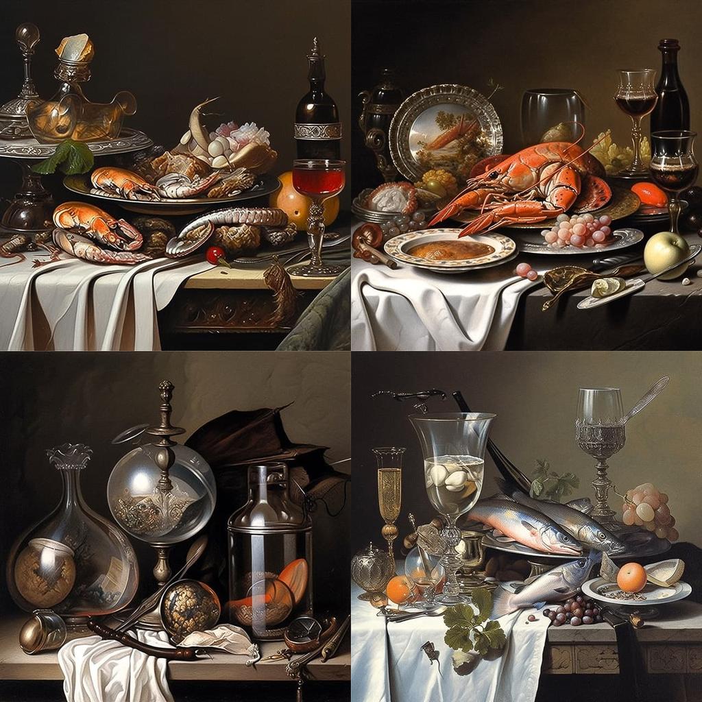 Pieter Claesz style, Midjourney Niji 5, render 1 of 4