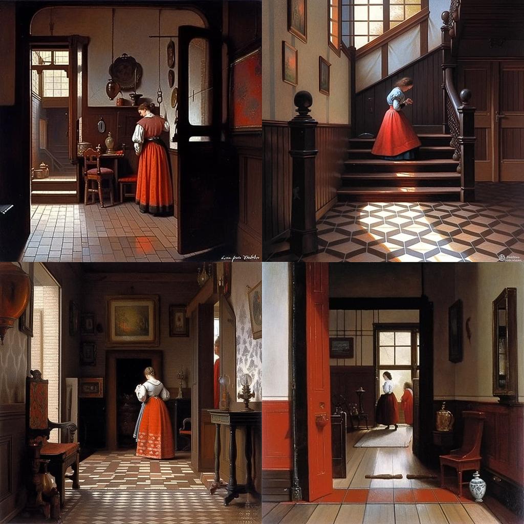 Pieter de Hooch style, Midjourney Niji 5, render 1 of 4