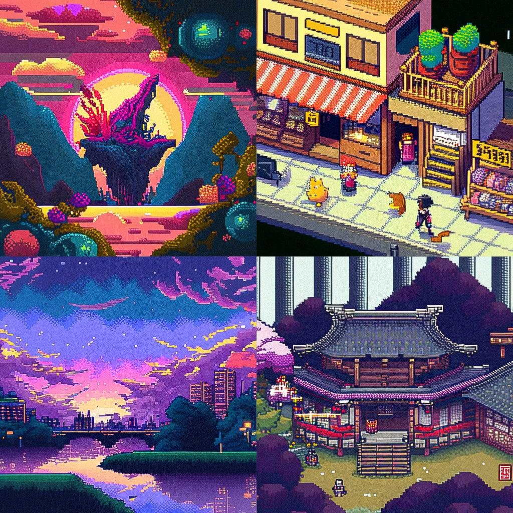 Pixel art style, Midjourney Niji 4, render 1 of 4