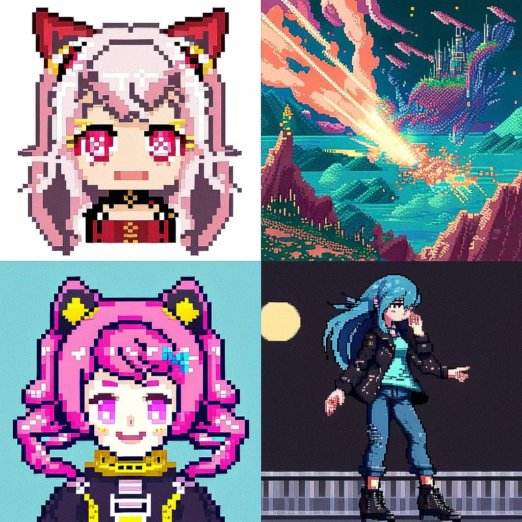 Pixel drawing style, Midjourney Niji 4, render 1 of 4