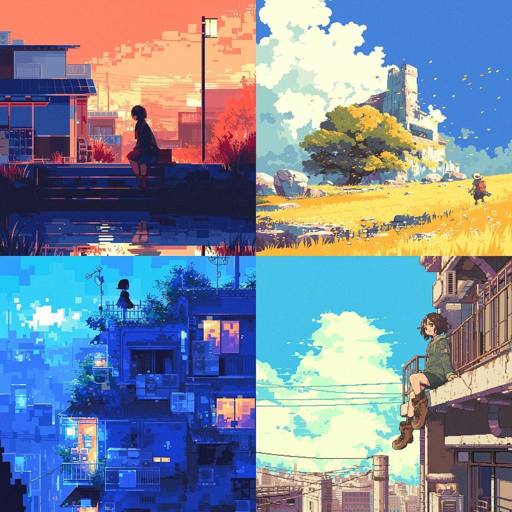 Pixelscape style, Midjourney Niji 6, render 1 of 4