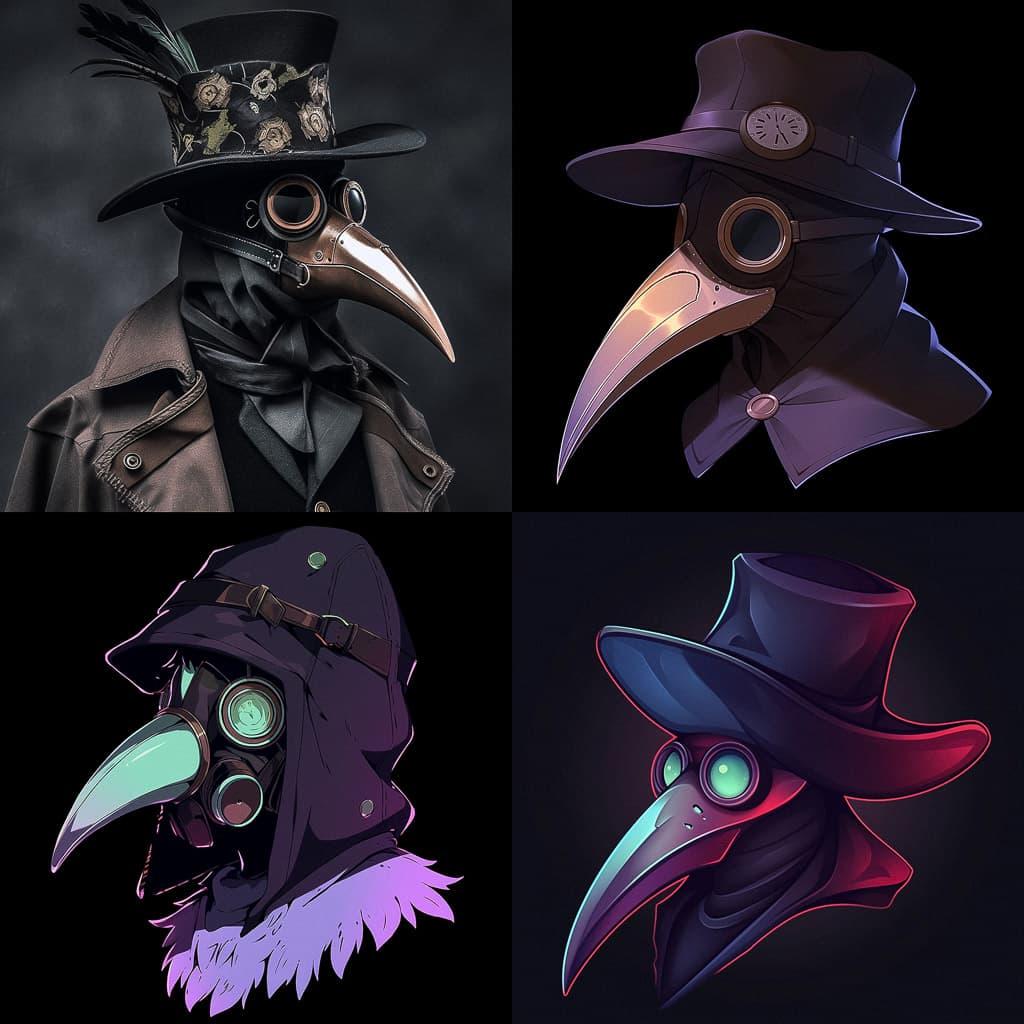 Plague doctor mask style, Midjourney Niji 5, render 1 of 4