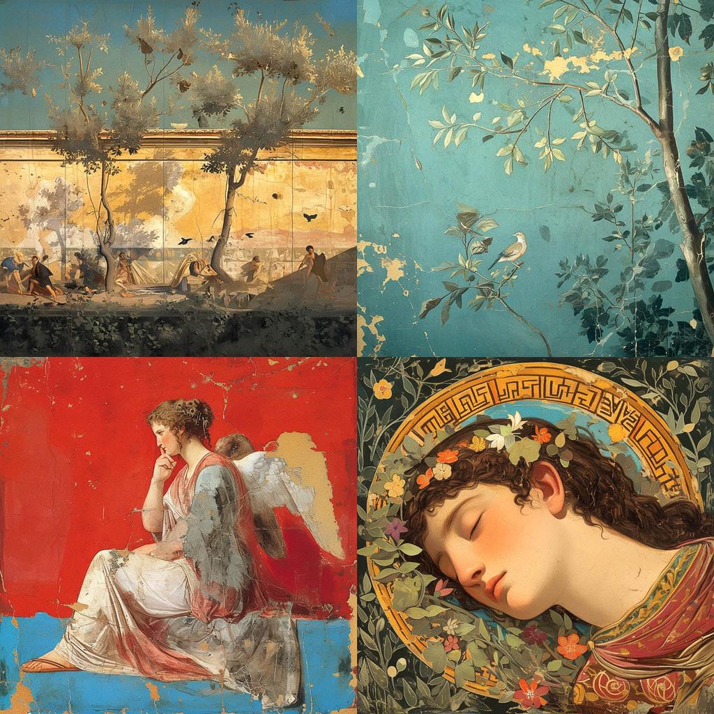 Pompeian fresco style, Midjourney Niji 6, render 1 of 4