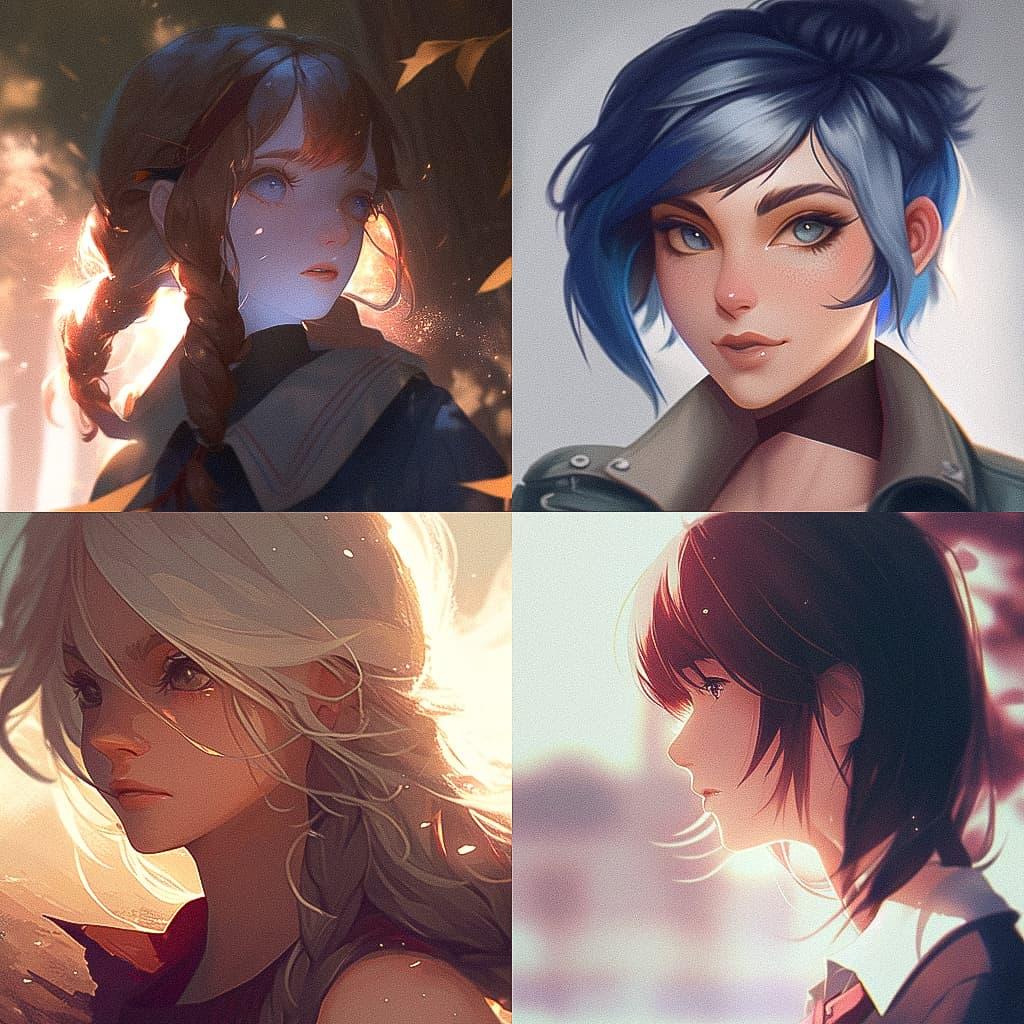 Portrait shot over the shoulder style, Midjourney Niji 5, render 1 of 4