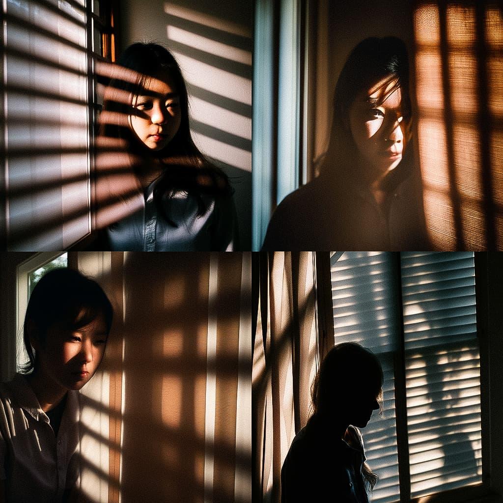 Portrait shot with light and shadow from window blinds style, Midjourney Niji 5, render 1 of 4