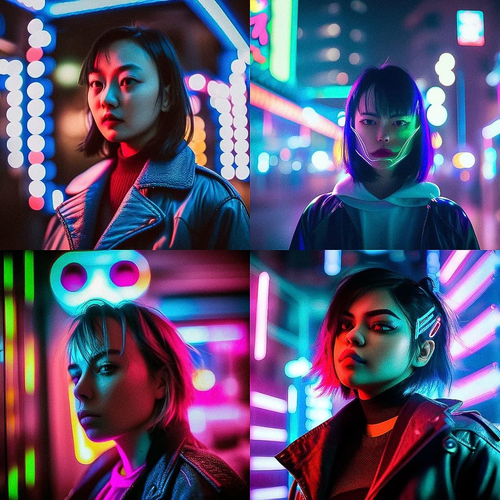 Portrait shot with neon lighting style, Midjourney Niji 5, render 1 of 4
