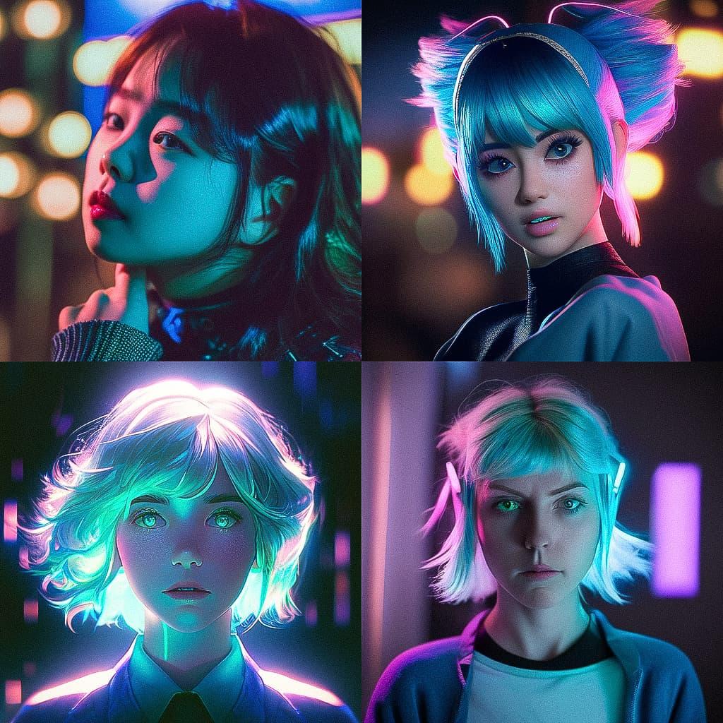 Portrait shot with peach and cyan lighting style, Midjourney Niji 5, render 1 of 4