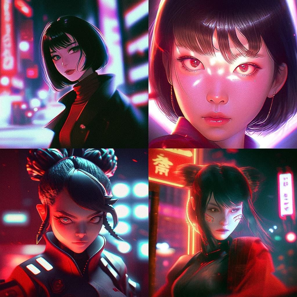 Portrait shot with red light style, Midjourney Niji 5, render 1 of 4