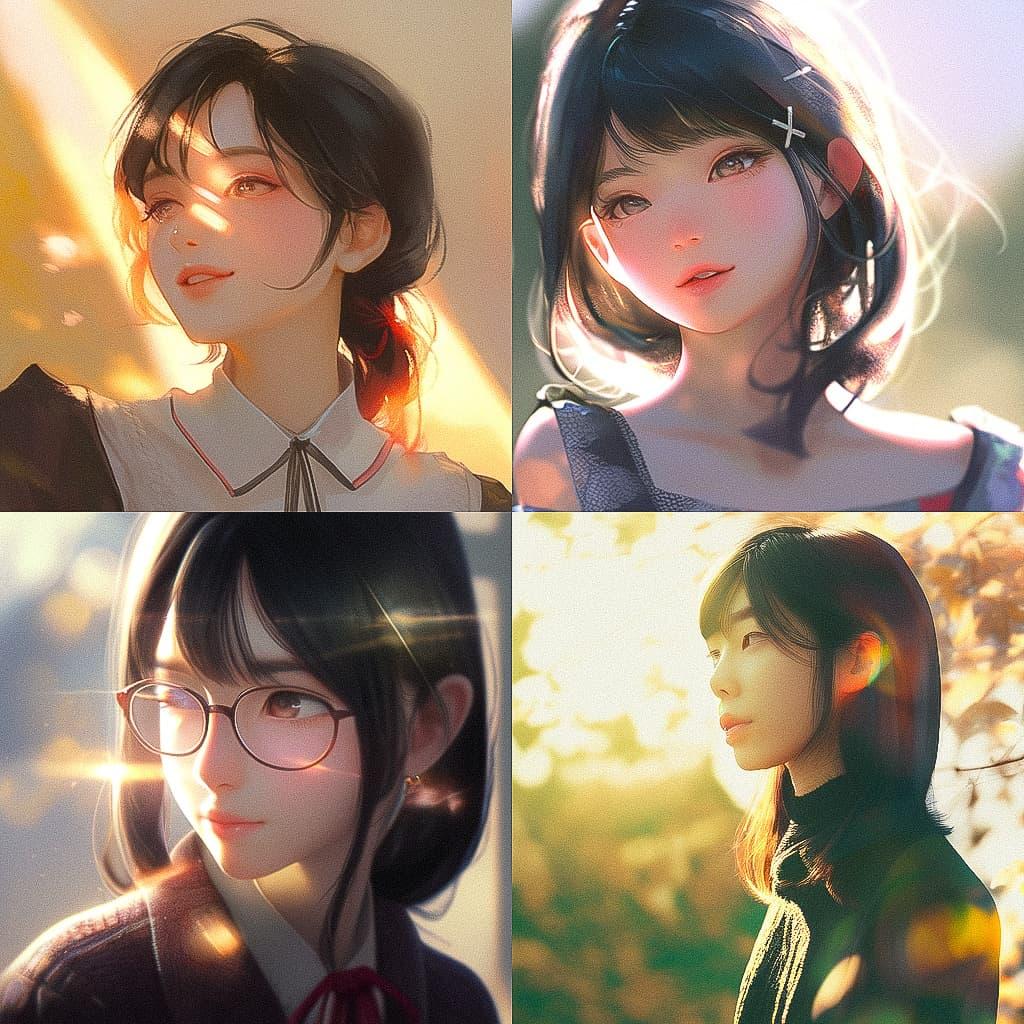 Portrait shot with sunlight style, Midjourney Niji 5, render 1 of 4