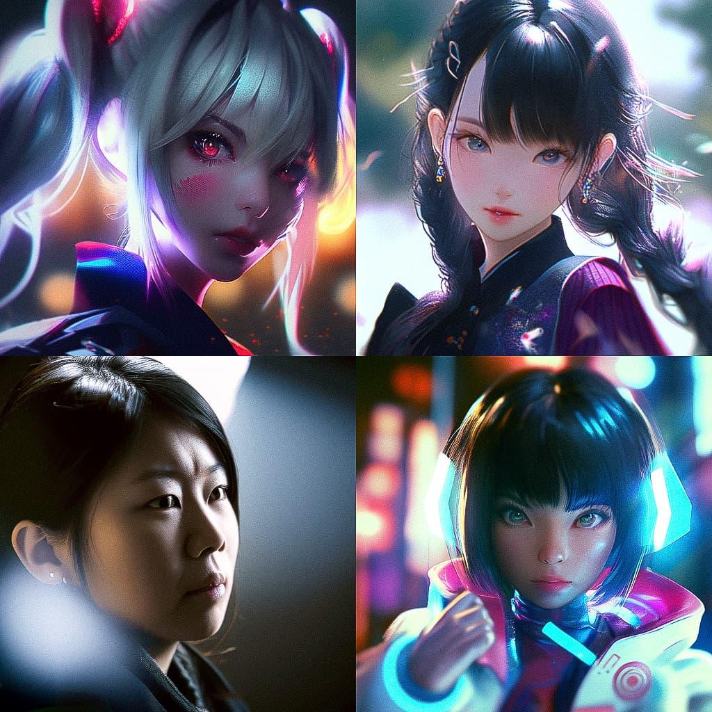 Portrait shot with top lighting style, Midjourney Niji 5, render 1 of 4