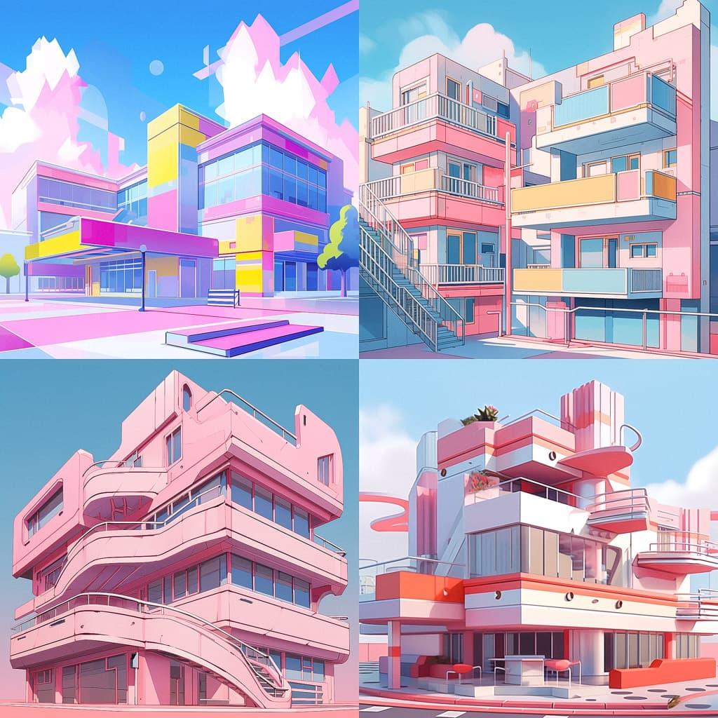 Postmodern architecture style, Midjourney Niji 4, render 1 of 4
