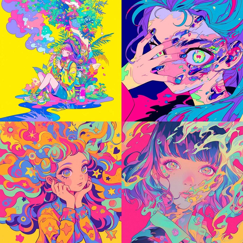 Psychedelic colors style, Midjourney Niji 6, render 1 of 4