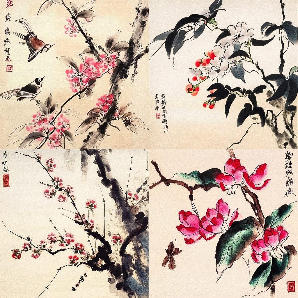Qi Baishi style, Midjourney Niji 4, render 1 of 4