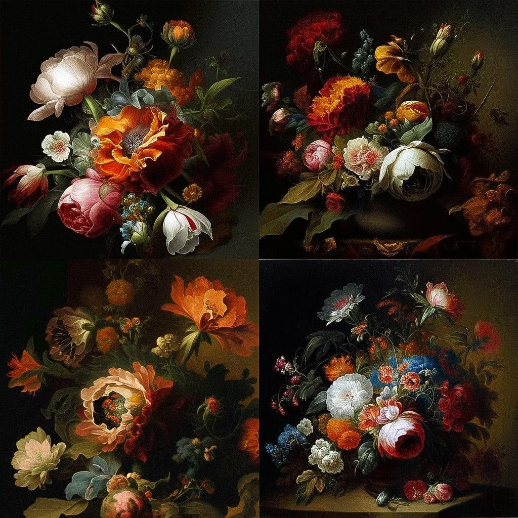 Rachel Ruysch style, Midjourney Niji 4, render 1 of 4