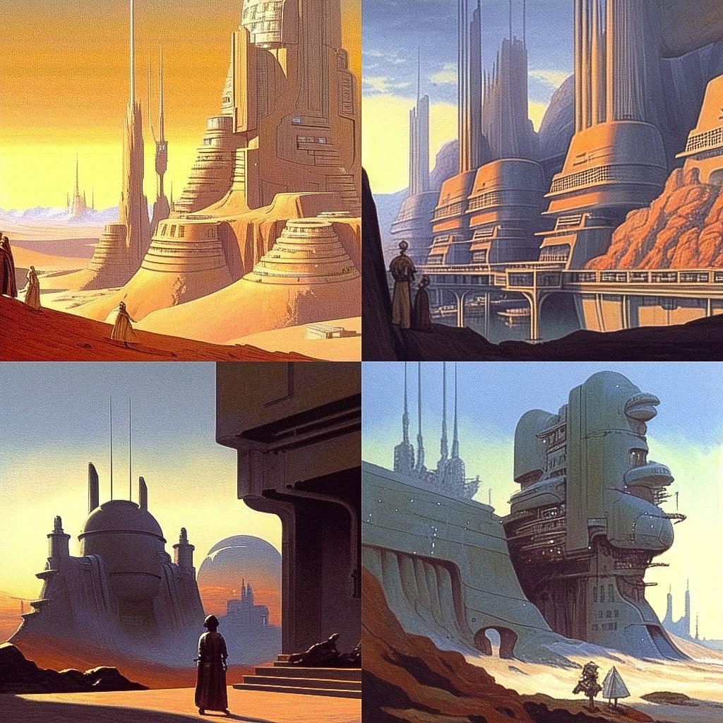 Ralph McQuarrie style, Midjourney Niji 4, render 1 of 4