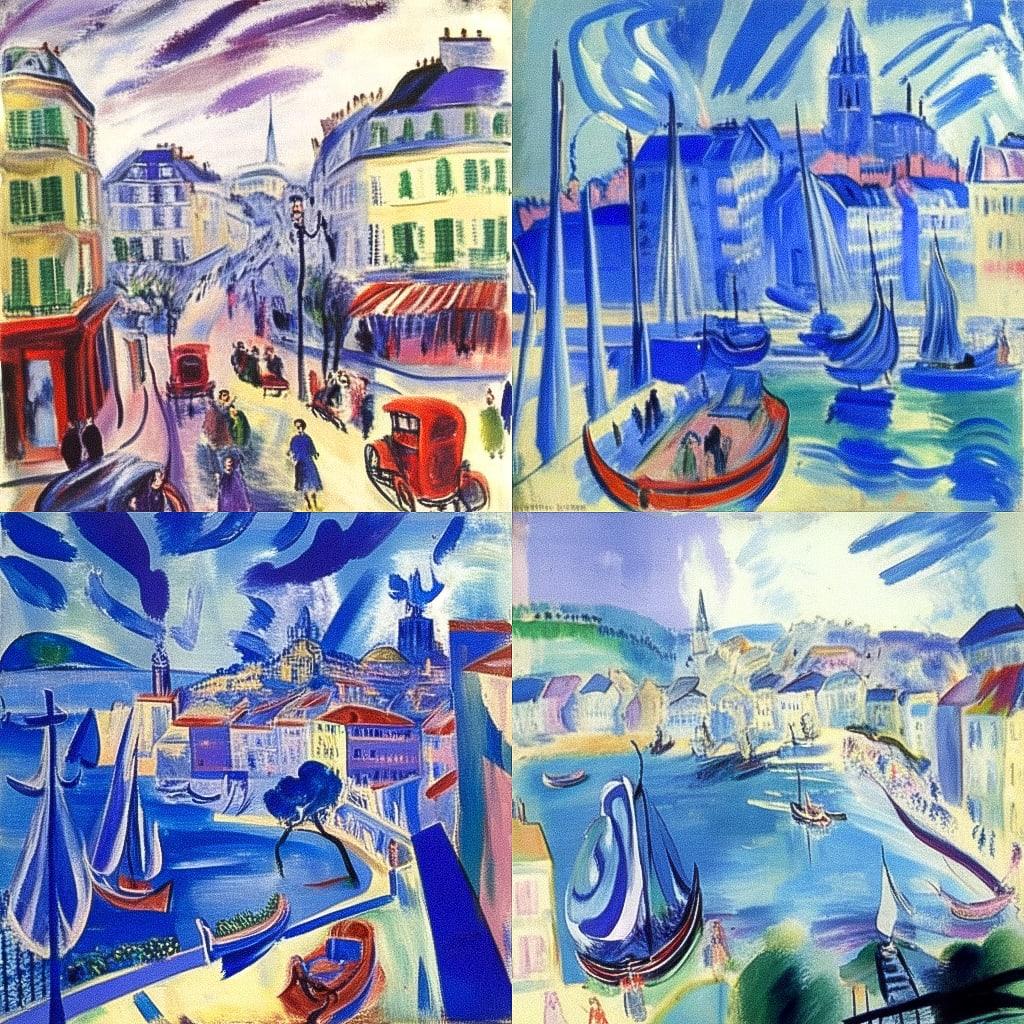 Raoul Dufy style, Midjourney Niji 4, render 1 of 4