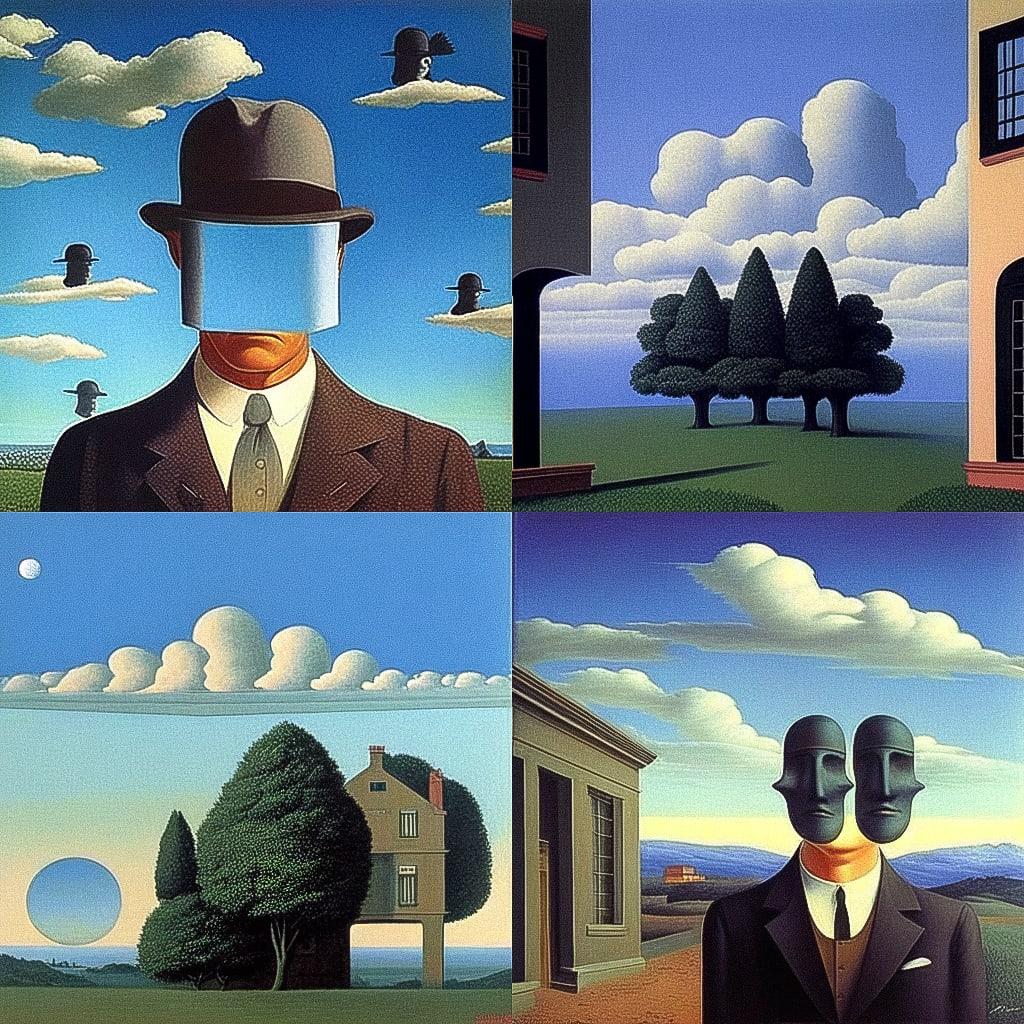 Rene Magritte style, Midjourney Niji 4, render 1 of 4