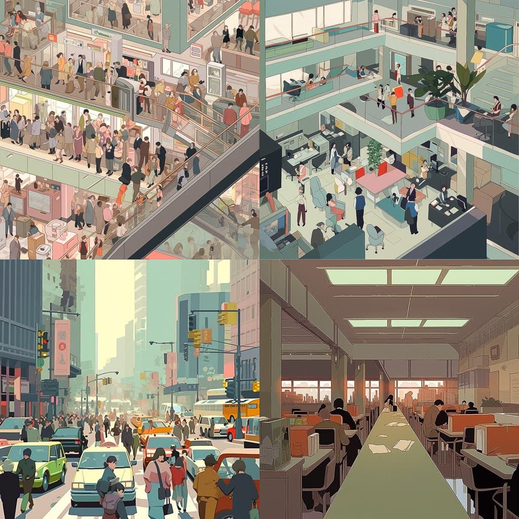 Richard McGuire style, Midjourney Niji 5, render 1 of 4