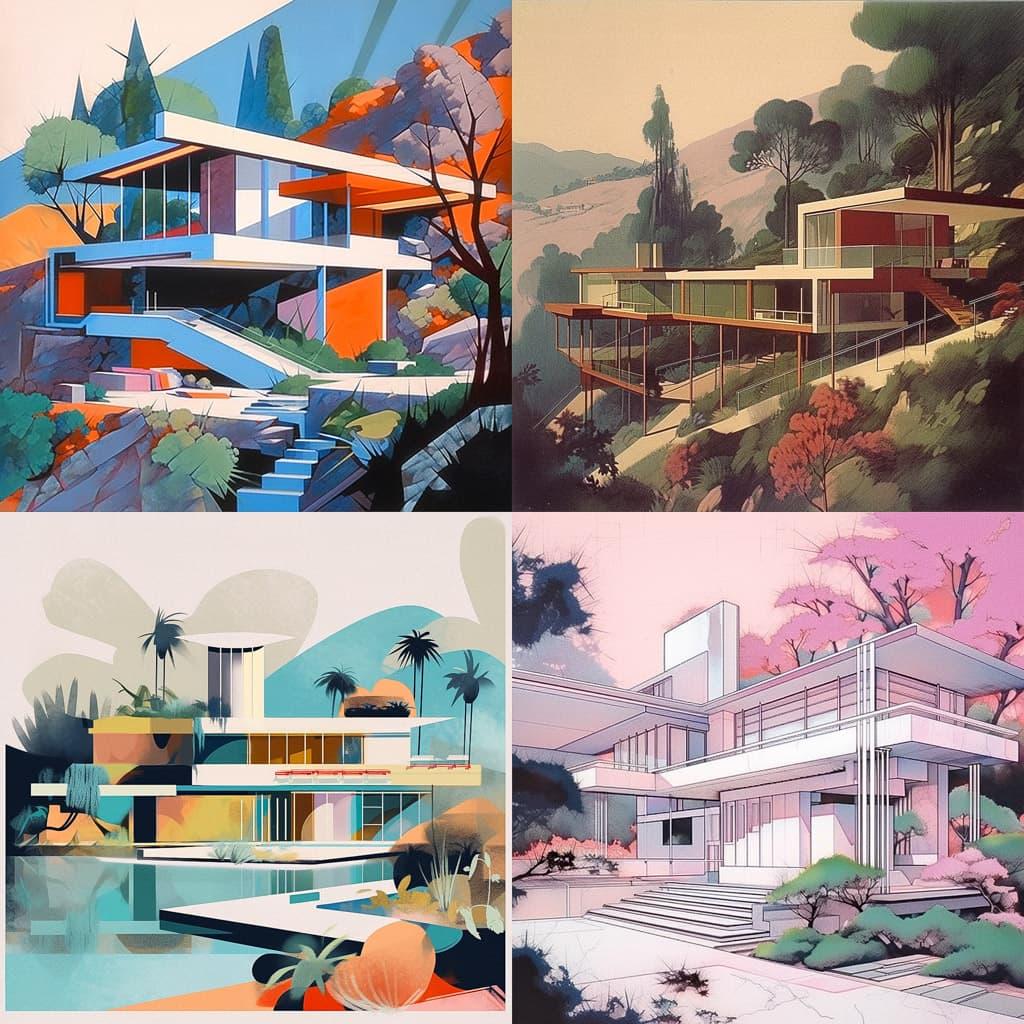 Richard Neutra style, Midjourney Niji 5, render 1 of 4