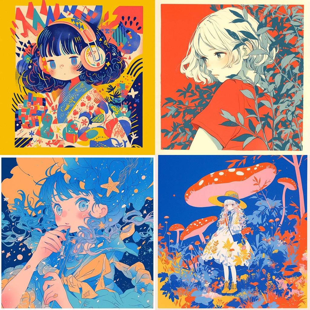 Risograph style, Midjourney Niji 6, render 1 of 4