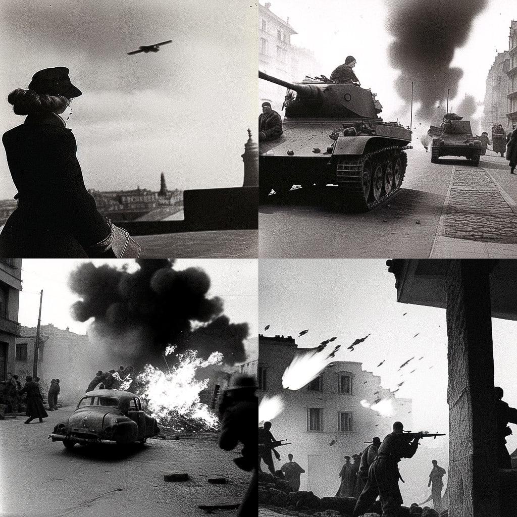 Robert Capa style, Midjourney Niji 4, render 1 of 4