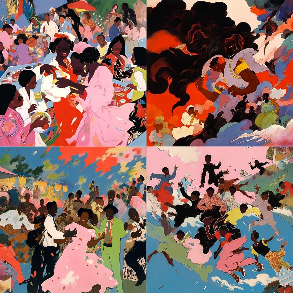 Robert Colescott style, Midjourney Niji 5, render 1 of 4