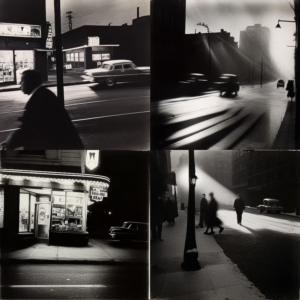 Robert Frank style, Midjourney Niji 5, render 1 of 4