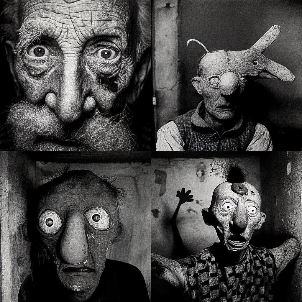 Roger Ballen style, Midjourney Niji 4, render 1 of 4