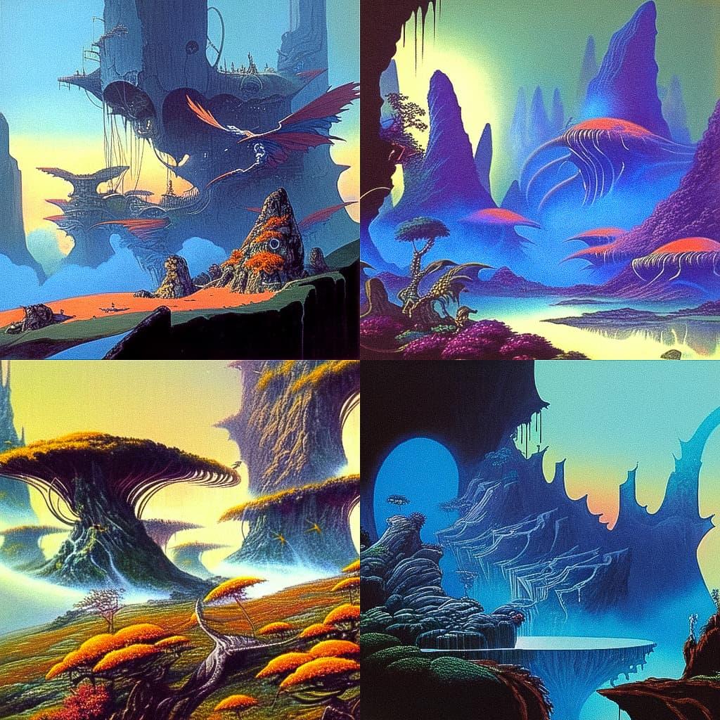Roger Dean style, Midjourney Niji 4, render 1 of 4