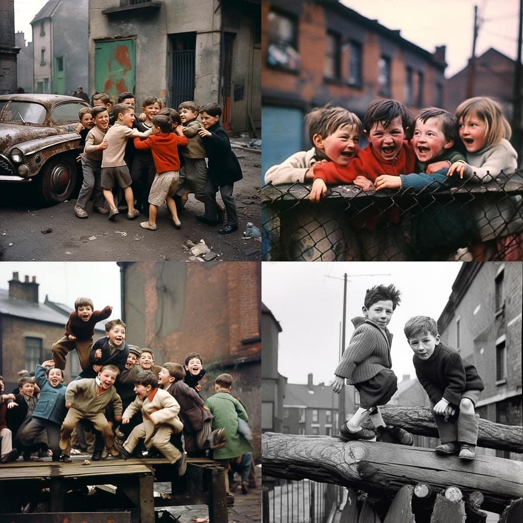Roger Mayne style, Midjourney Niji 5, render 1 of 4