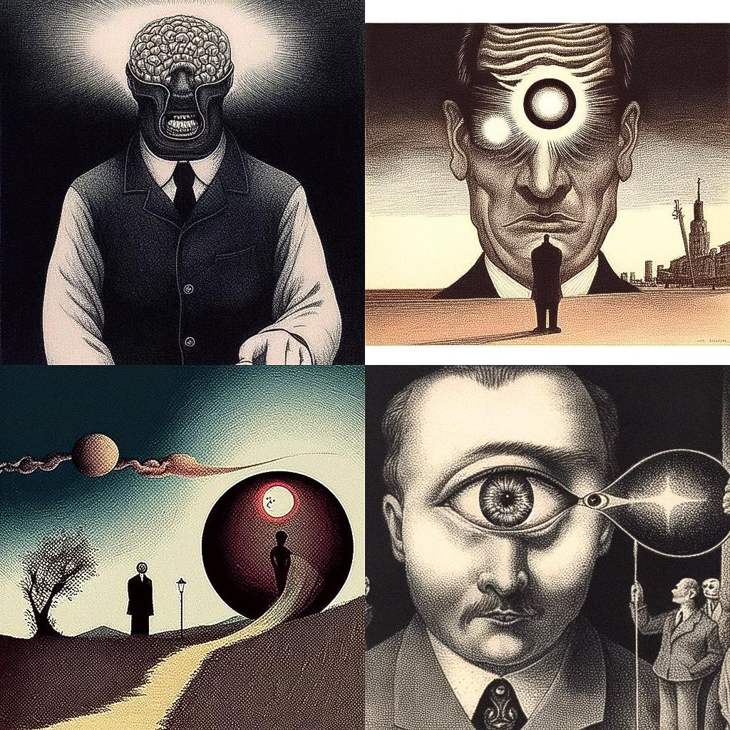 Roland Topor style, Midjourney Niji 4, render 1 of 4