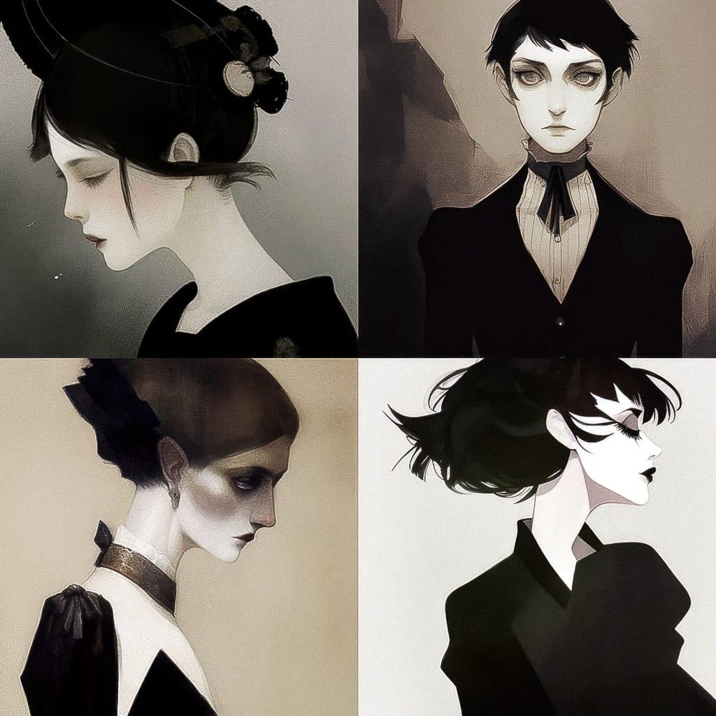 Romaine Brooks style, Midjourney Niji 4, render 1 of 4