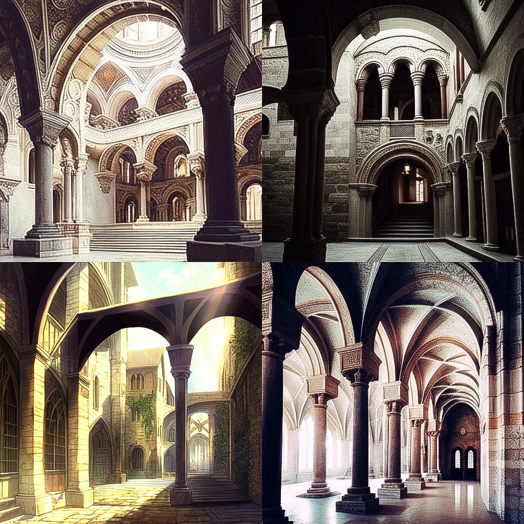 Romanesque architecture style, Midjourney Niji 4, render 1 of 4