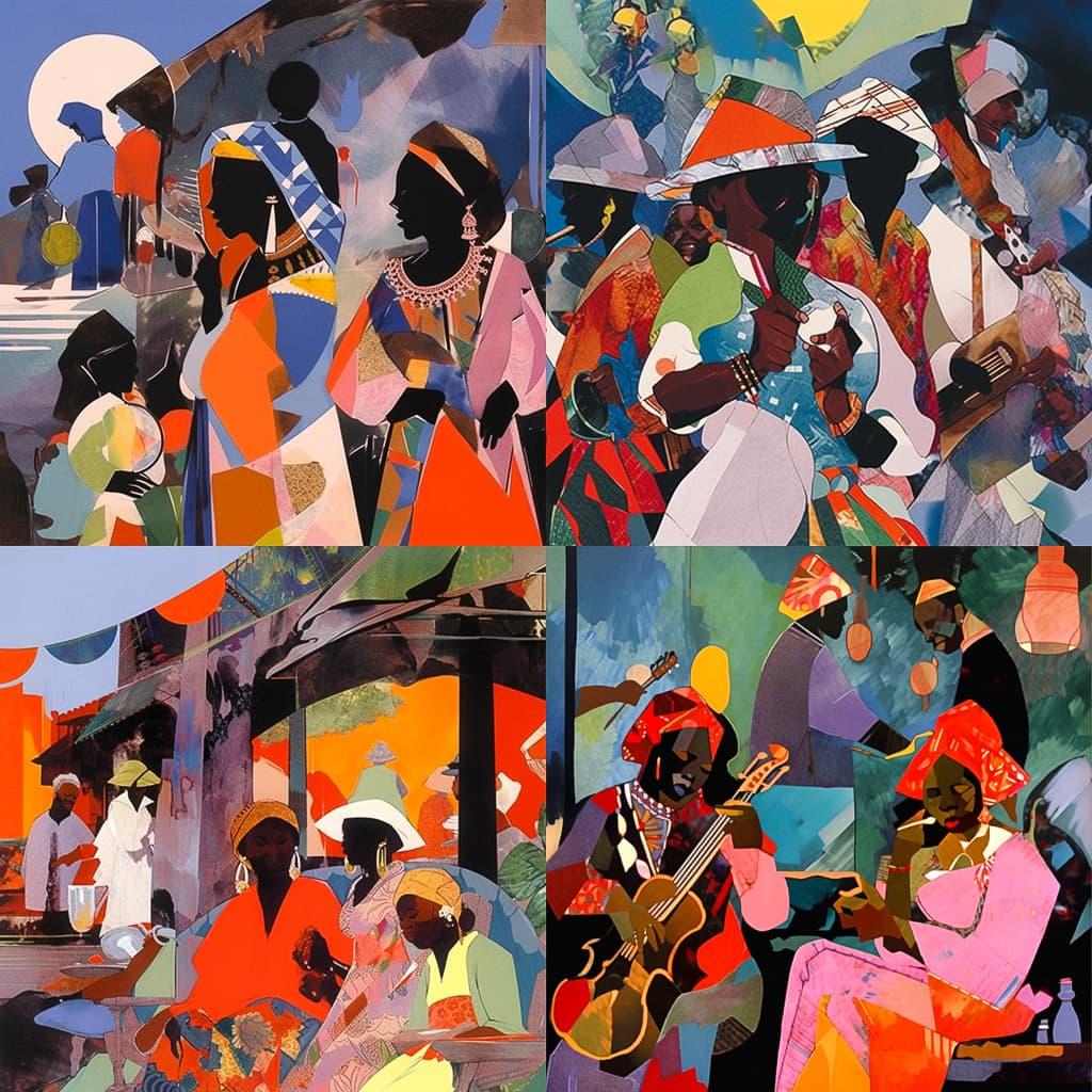 Romare Bearden style, Midjourney Niji 5, render 1 of 4