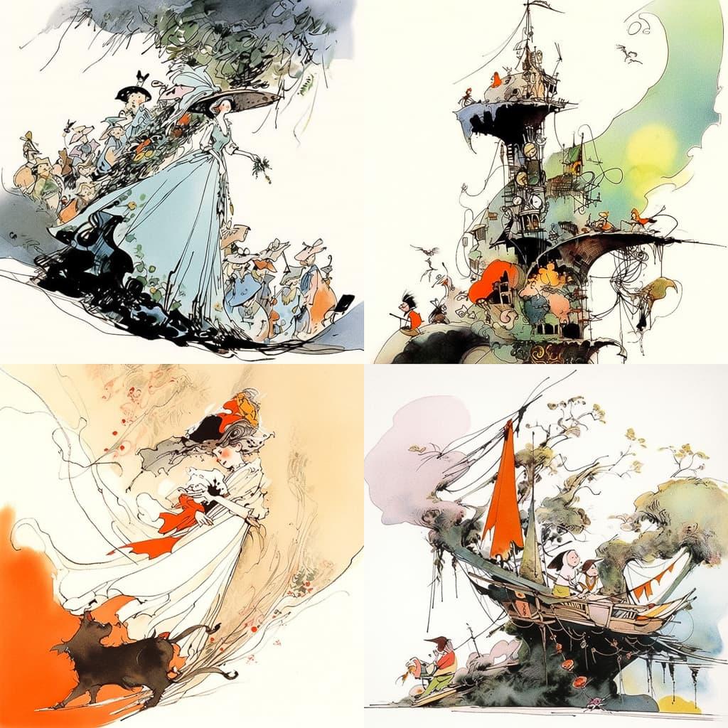 Ronald Searle style, Midjourney Niji 5, render 1 of 4