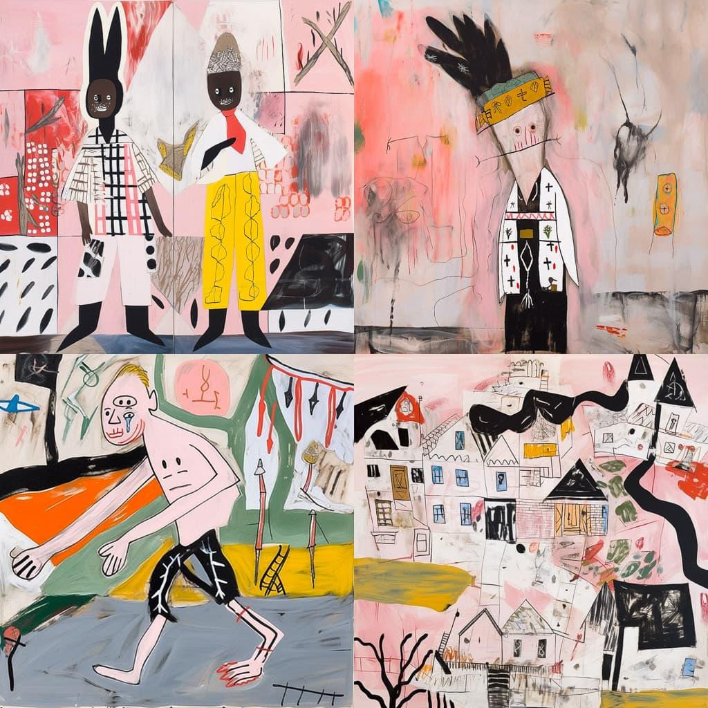 Rose Wylie style, Midjourney Niji 5, render 1 of 4