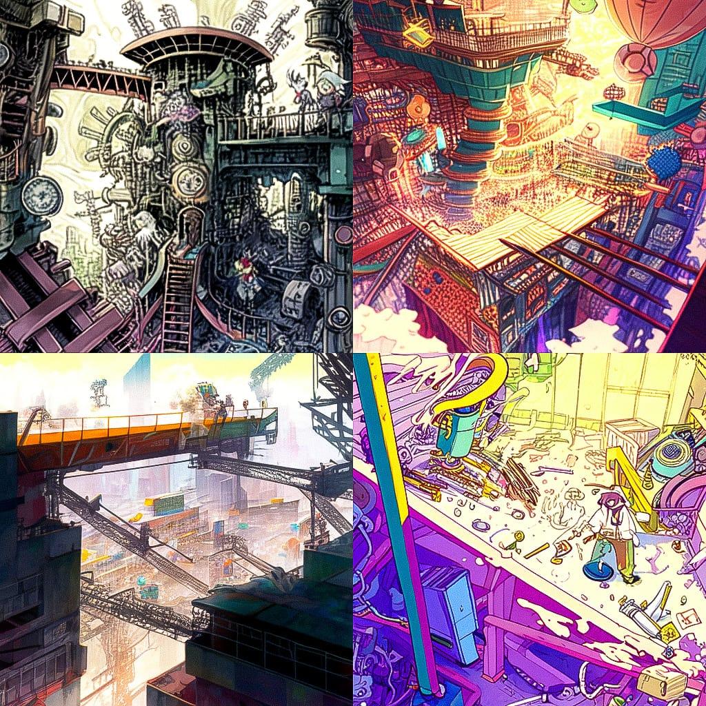 Rube Goldberg style, Midjourney Niji 4, render 1 of 4