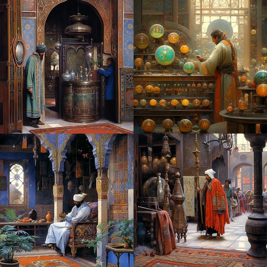 Rudolf Ernst style, Midjourney Niji 5, render 1 of 4