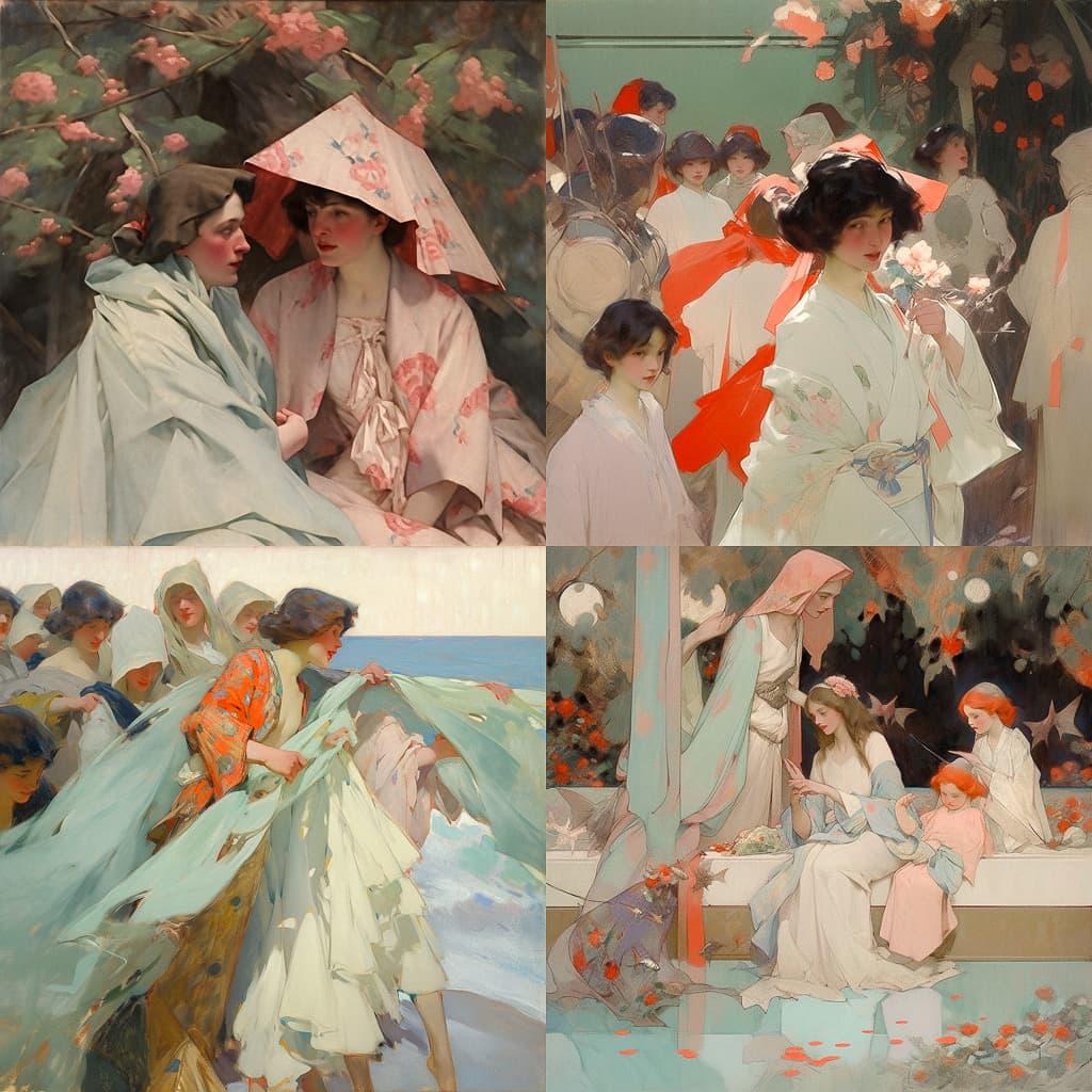 Rupert Bunny style, Midjourney Niji 5, render 1 of 4