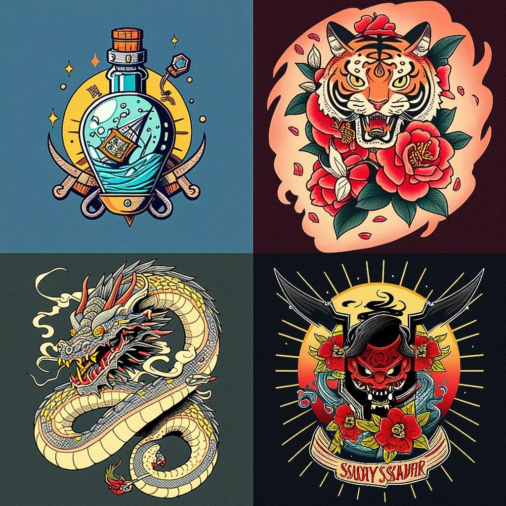 Sailor Jerry style, Midjourney Niji 4, render 1 of 4
