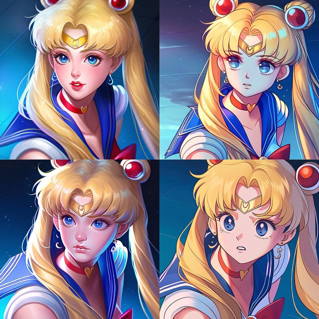 Sailor Moon style, Midjourney Niji 4, render 1 of 4