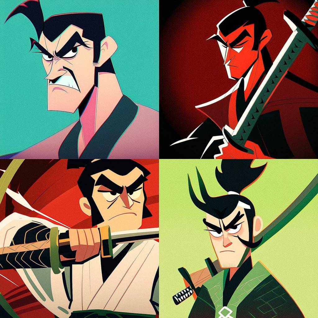 Samurai Jack style, Midjourney Niji 4, render 1 of 4