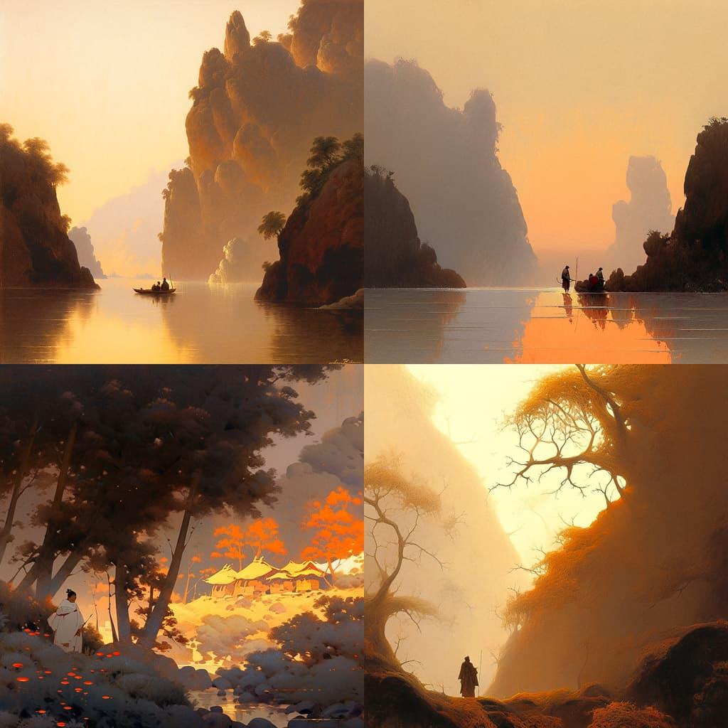 Sanford Robinson Gifford style, Midjourney Niji 5, render 1 of 4