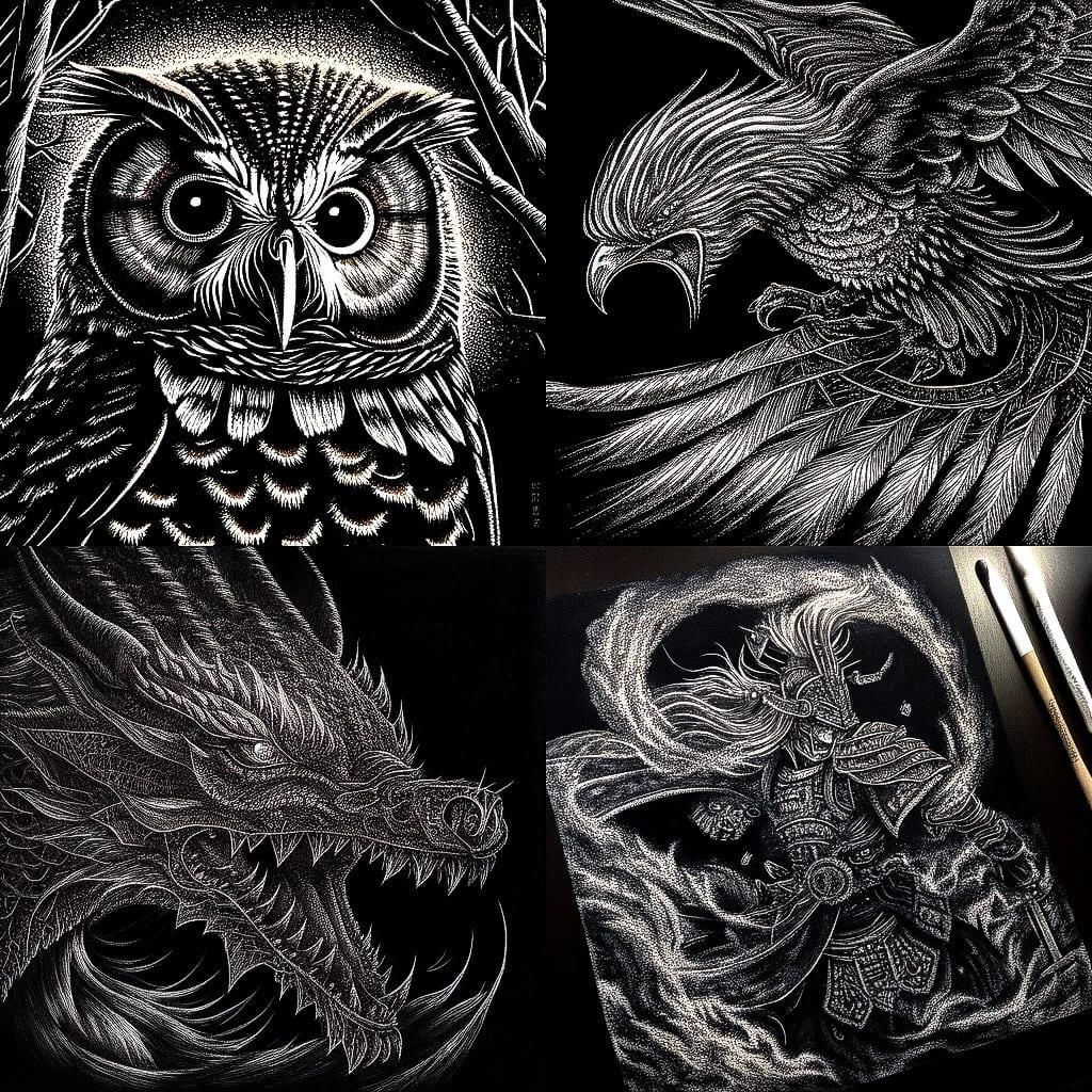 Scratchboard art style, Midjourney Niji 4, render 1 of 4