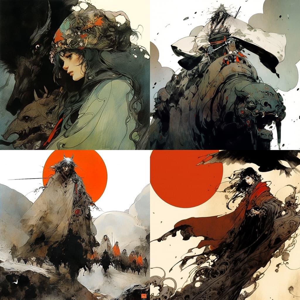 Sergio Toppi style, Midjourney Niji 5, render 1 of 4