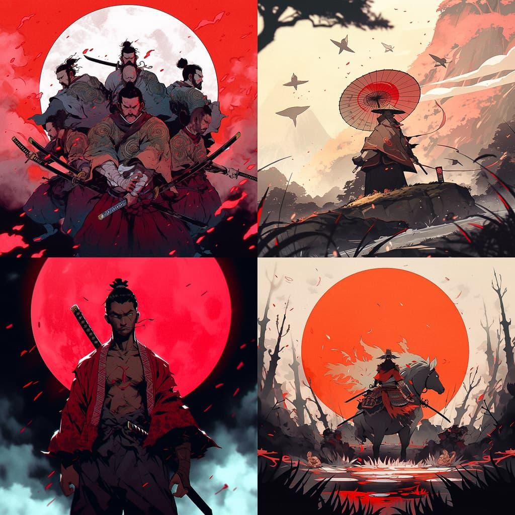 Seven Samurai style, Midjourney Niji 5, render 1 of 4