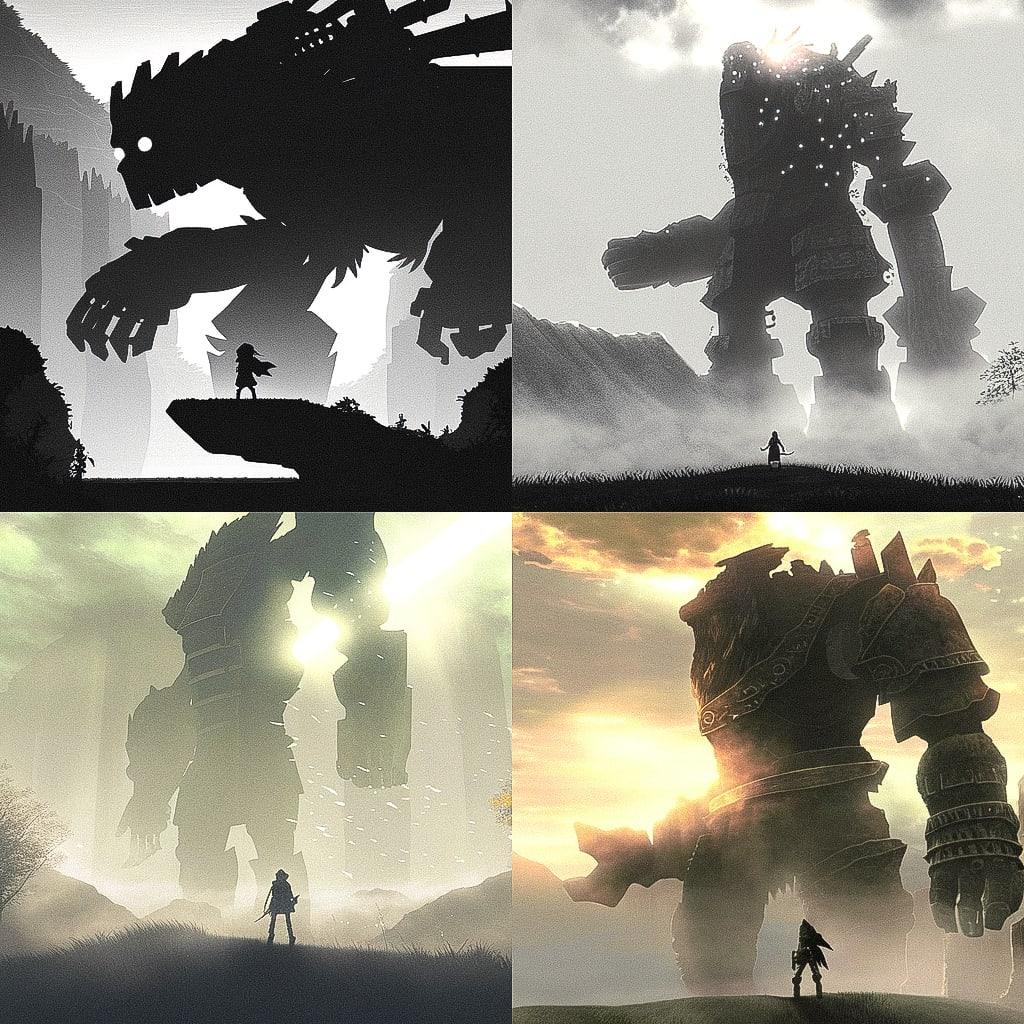 Shadow of the Colossus style, Midjourney Niji 4, render 1 of 4