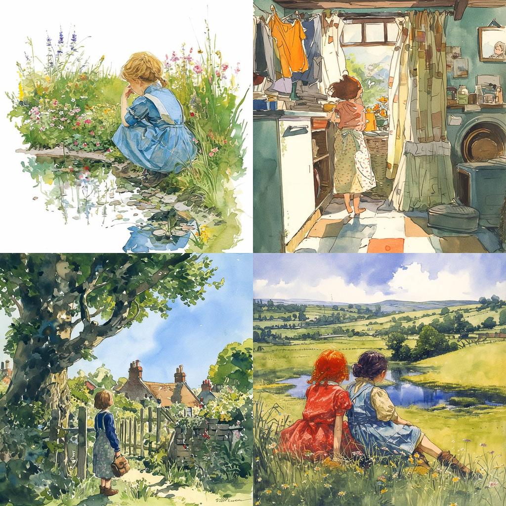 Shirley Hughes style, Midjourney Niji 6, render 1 of 4