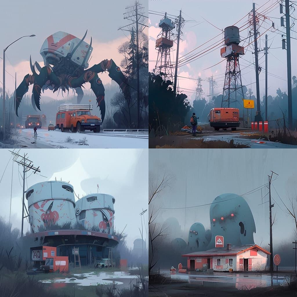 Simon Stalenhag style, Midjourney Niji 4, render 1 of 4